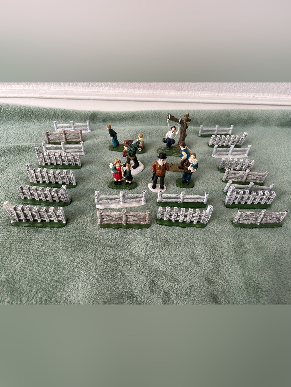 Folk Art picket fence grass snow people swing village accessory  Christmas lot